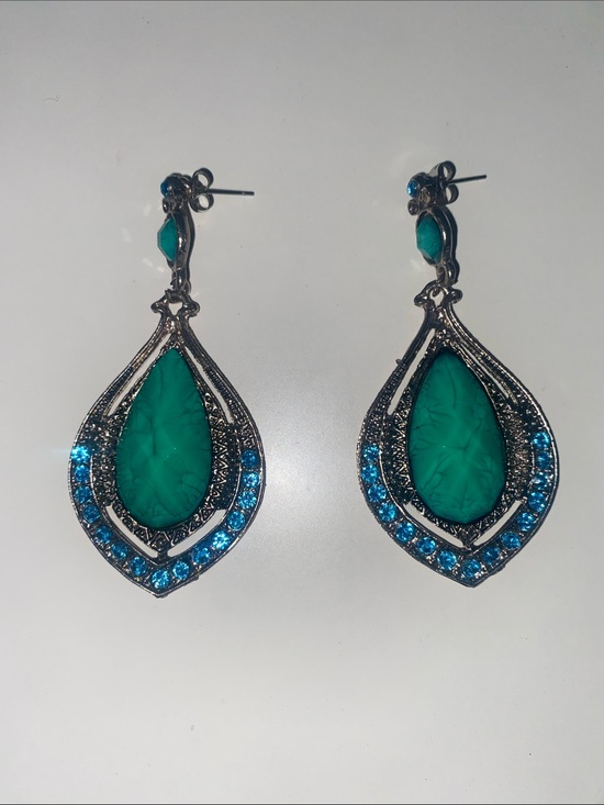 Vintage Jewelry - Green Teardrop Statement Earrings with Blue Accents